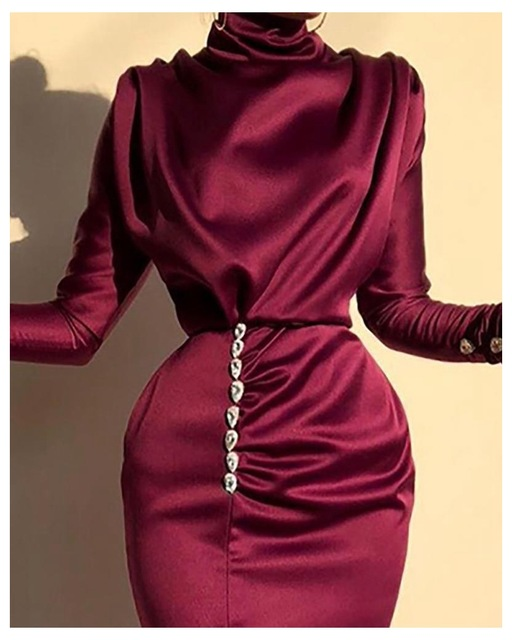 Elegant burgundy satin dress with long sleeves and button details, FashionRay style