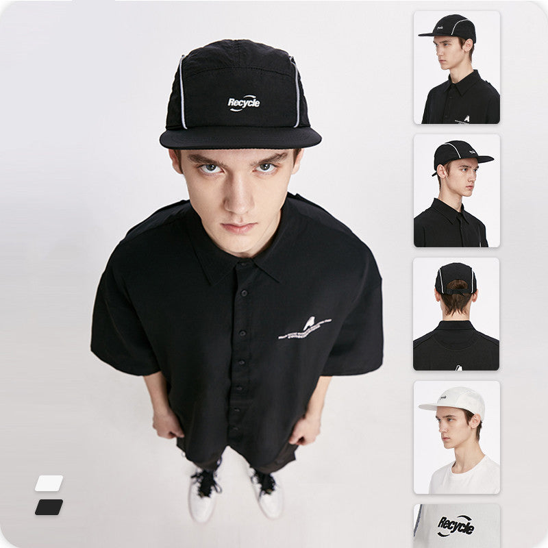FashionRay model in black button-up shirt and black 'Recycle' cap, side and back angles shown