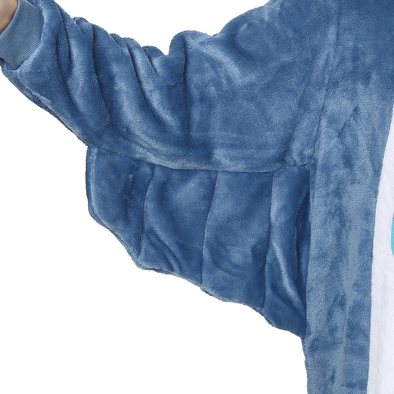 Close-up of a blue plush fleece jacket sleeve, soft and cozy FashionRay loungewear