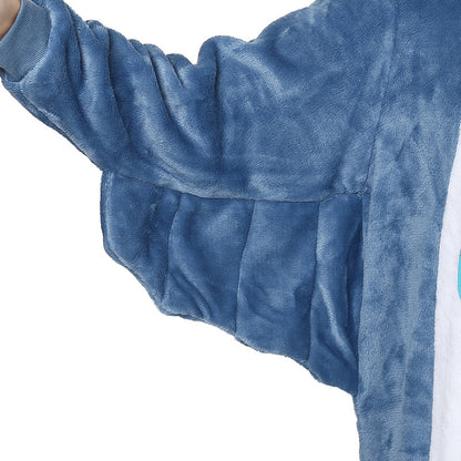 Close-up of a blue plush fleece jacket sleeve, soft and cozy FashionRay loungewear