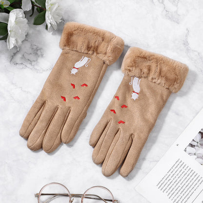 Tan faux fur gloves with white cat and red heart embroidery, stylish winter accessories by FashionRay