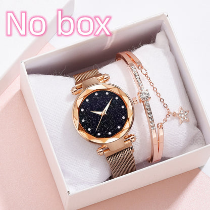 Rose gold mesh watch with starry black dial and matching rhinestone bracelet in gift box, FashionRay