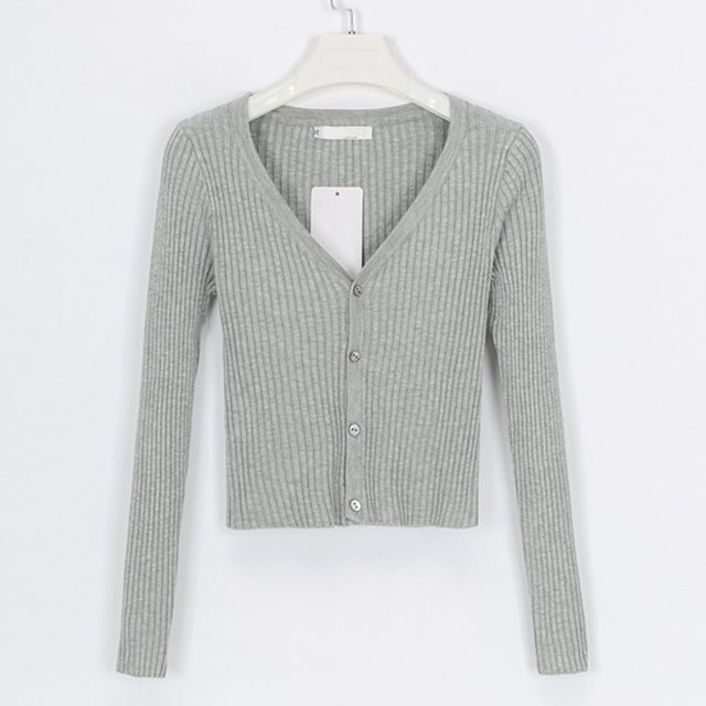 Light grey ribbed knit cardigan with buttons, long sleeves, V-neck, FashionRay style