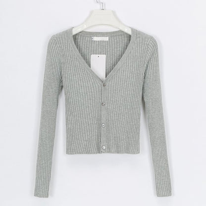 Light grey ribbed knit cardigan with buttons, long sleeves, V-neck, FashionRay style