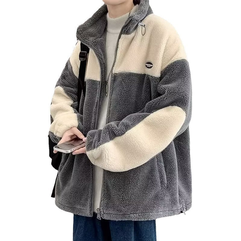 Oversized colorblock fleece jacket in gray and cream from FashionRay, cozy trendy outerwear
