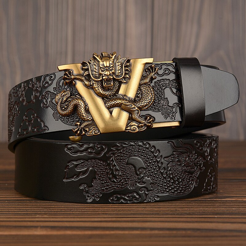 Black fashion belt with embossed dragon pattern and gold dragon buckle, FashionRay style
