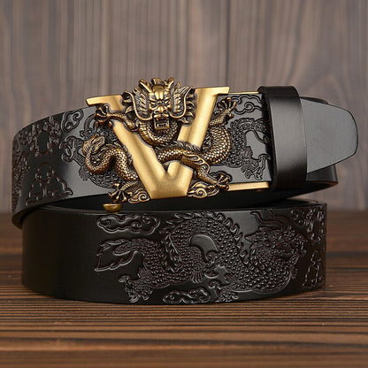 Black fashion belt with embossed dragon pattern and gold dragon buckle, FashionRay style