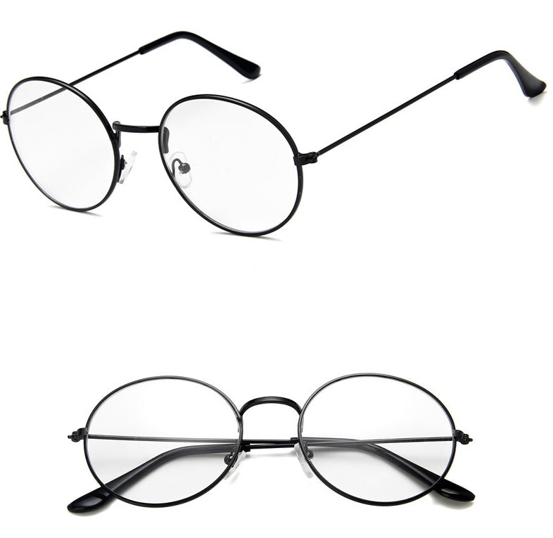 Round black metal eyeglasses with clear lenses, displayed on white background, FashionRay