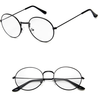 Round black metal eyeglasses with clear lenses, displayed on white background, FashionRay