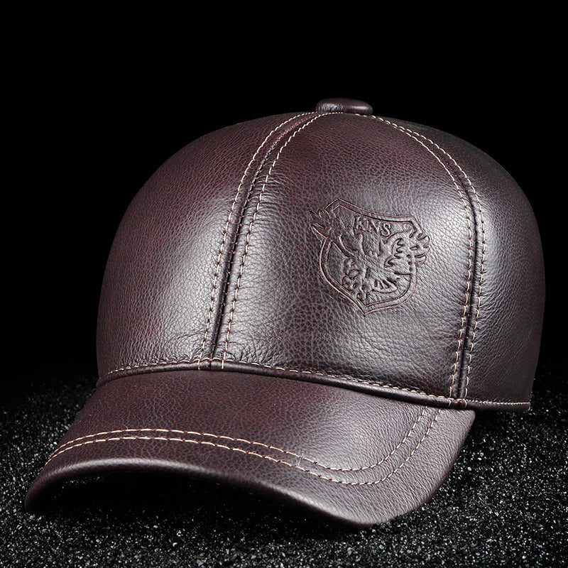 Brown leather baseball cap with embossed crest and detailed stitching, FashionRay style
