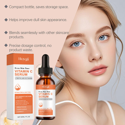 FashionRay skincare ad featuring woman with flawless skin and Hoygi Vitamin C Serum bottle.