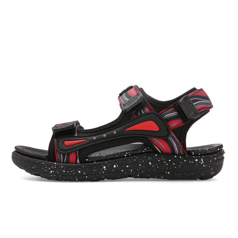 Black and red sport sandal with adjustable straps and speckled sole, FashionRay footwear