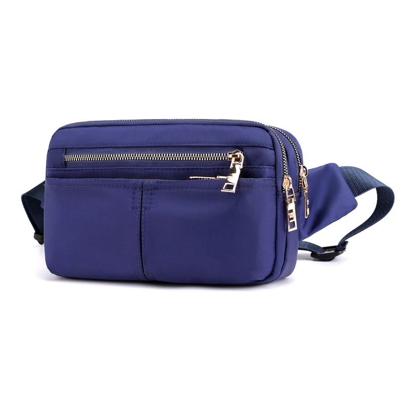 Navy blue crossbody bag with gold zippers, FashionRay trendy and functional accessory