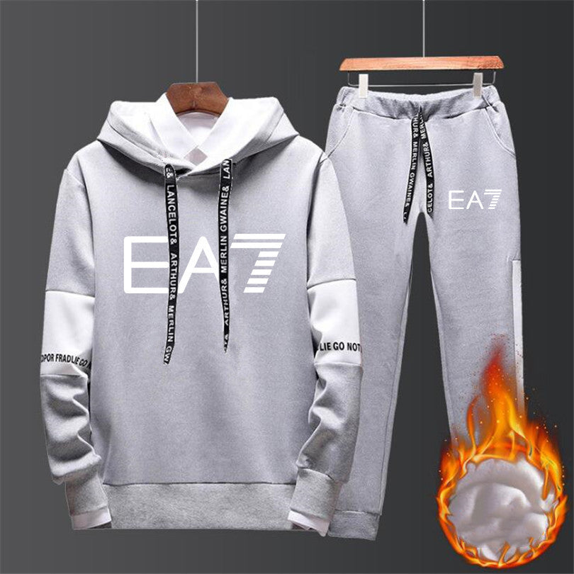FashionRay grey EA7 hoodie and joggers set, lined for warmth, trendy and comfortable style
