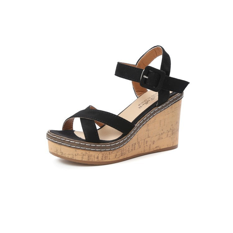 FashionRay black suede wedge sandal with cork platform and adjustable ankle strap