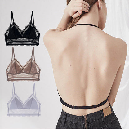FashionRay backless lace bralette in black, brown, and lavender, stylish and comfortable