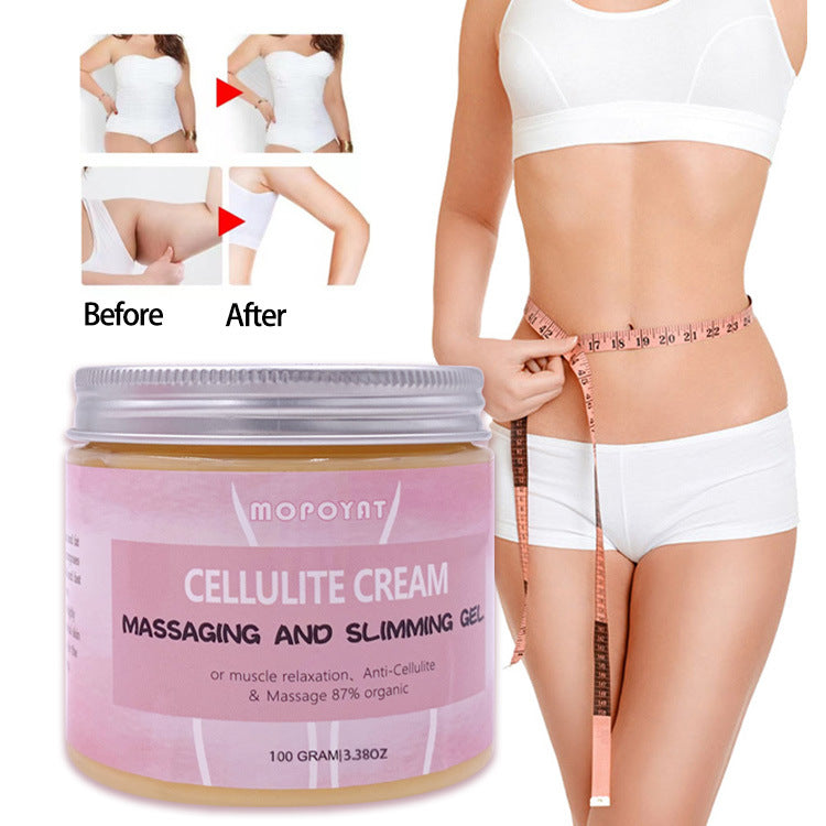 Cellulite cream massaging and slimming gel with before and after images, woman measuring waist