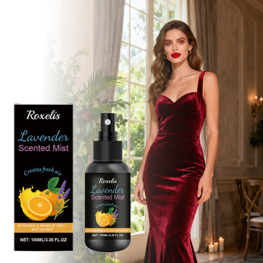 Woman in red velvet dress near window with Roxelis Lavender Scented Mist product, FashionRay