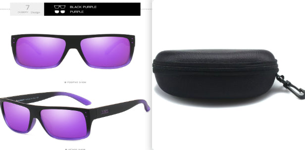 Black and purple sunglasses with purple lenses, shown with a black hard case, FashionRay