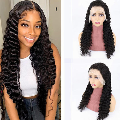 Woman wearing long deep wave lace front wig, FashionRay trendy hair style display with mannequin