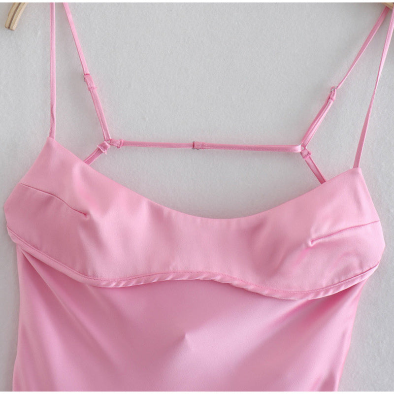 Light pink satin slip dress with thin adjustable straps, FashionRay trendy style