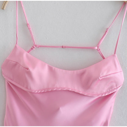 Light pink satin slip dress with thin adjustable straps, FashionRay trendy style