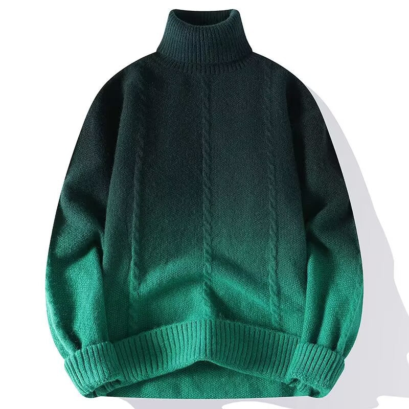 Green ombre turtleneck sweater with ribbed cuffs and hem, trendy knitwear at FashionRay