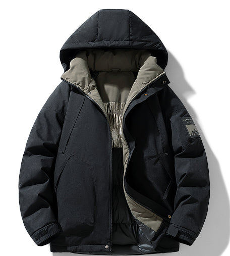 Stylish black hooded winter jacket with grey lining from FashionRay, trendy and warm outerwear.
