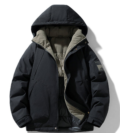 Stylish black hooded winter jacket with grey lining from FashionRay, trendy and warm outerwear.
