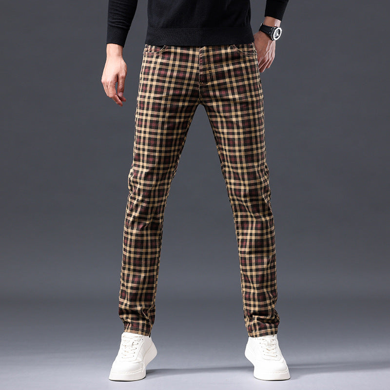 Men’s brown plaid pants with white sneakers, FashionRay casual comfort style