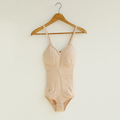 Beige shapewear bodysuit with adjustable straps on hanger, FashionRay trendy comfort style