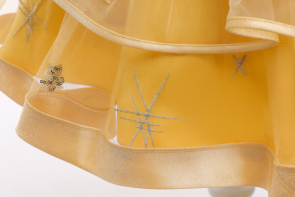 Yellow sheer dress hem with silver star embroidery and sequins, FashionRay trendy style