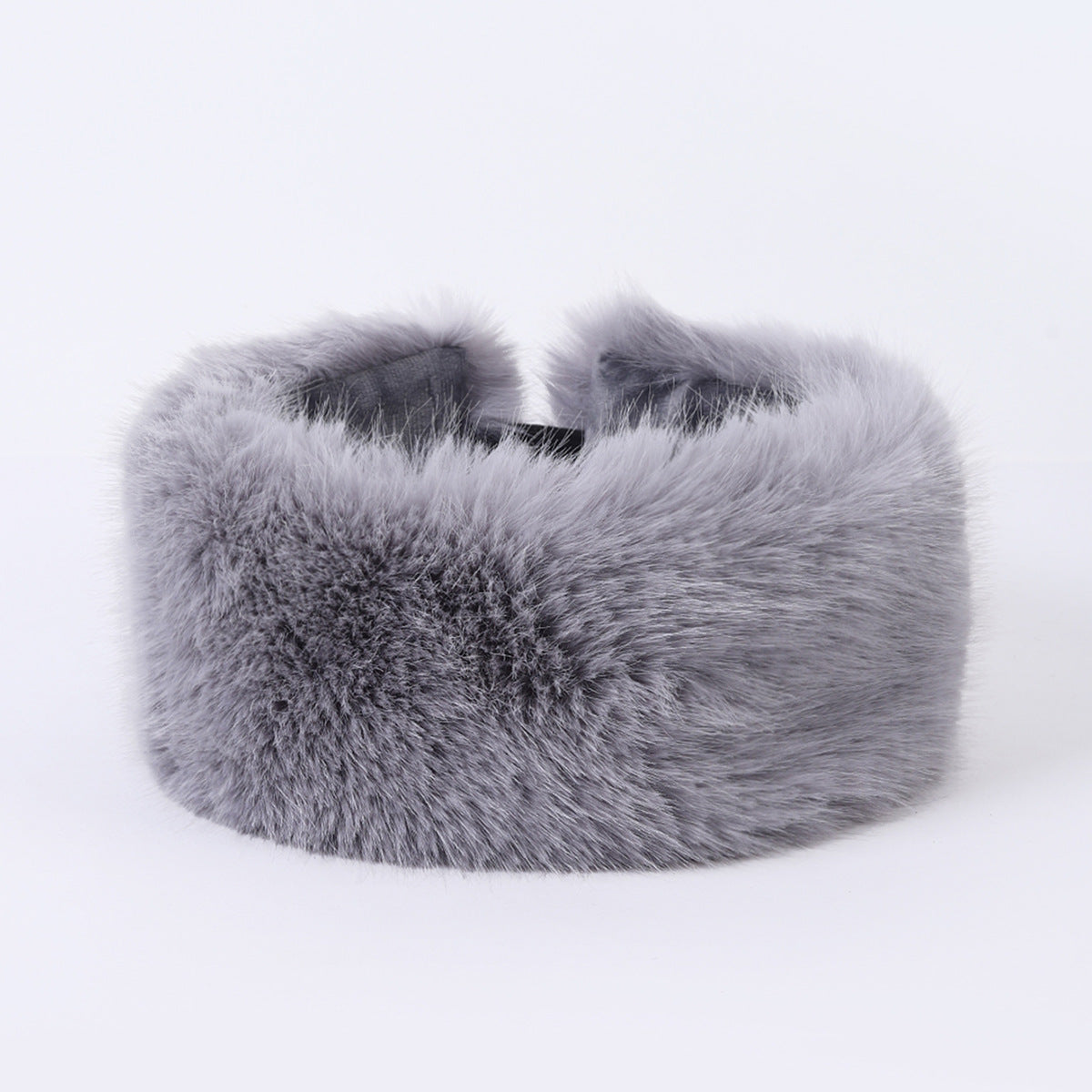 Soft grey faux fur headband accessory on white background, FashionRay cozy style