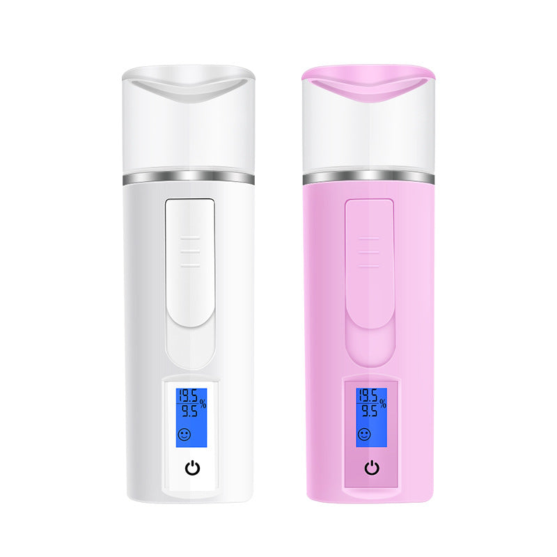White and pink facial mist sprayers with digital display, FashionRay skincare gadget