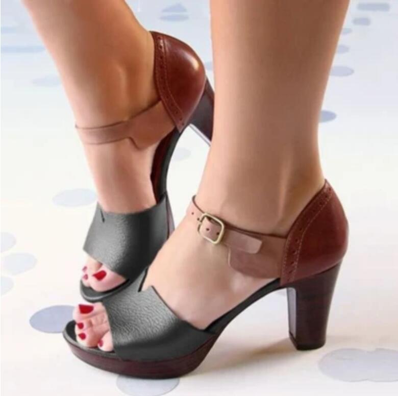 Woman wearing FashionRay chunky heel sandals in black and brown with ankle strap, stylish and comfortable.