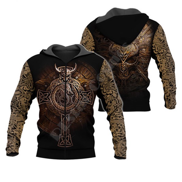 Viking-inspired black hoodie with intricate gold Norse patterns, displayed front and back, FashionRay