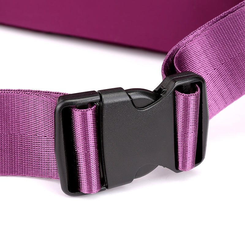 Close-up of a purple adjustable strap with black plastic buckle, FashionRay accessory