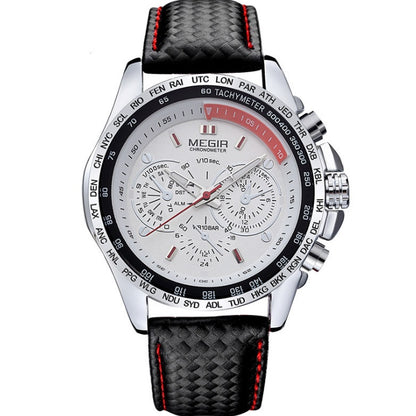 Men's chronograph watch with white dial, black bezel, and textured leather strap from FashionRay