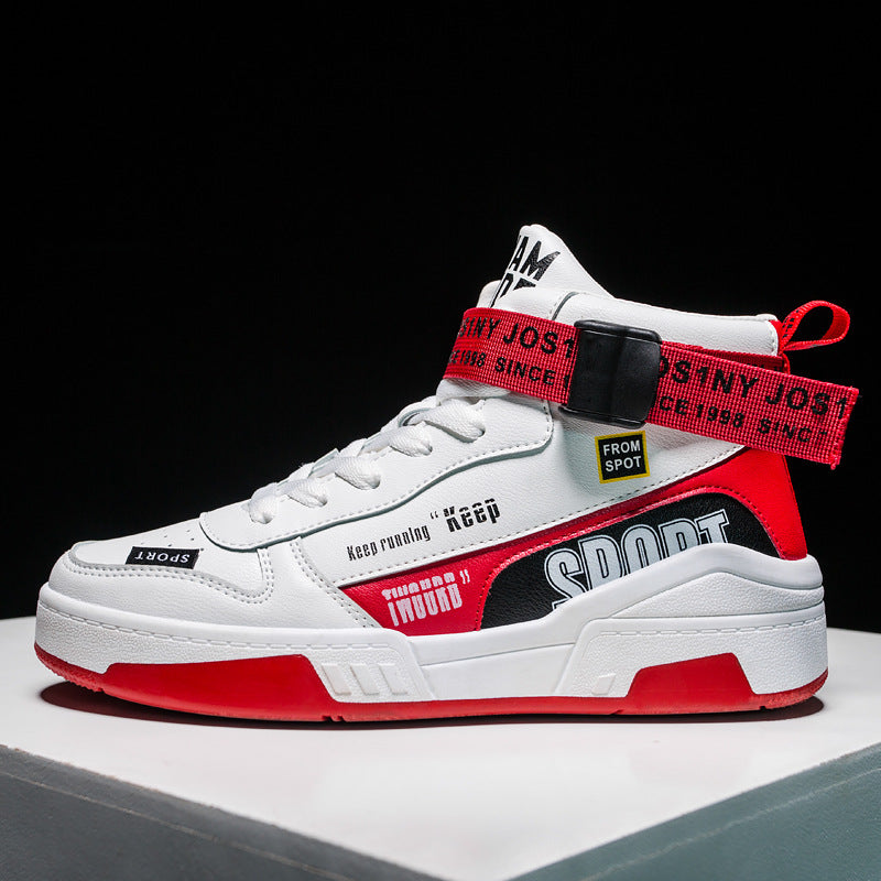 White and red high-top fashion sneaker with bold SPORT design and decorative strap, FashionRay