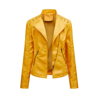 Yellow faux leather jacket with zipper pockets, stylish modern design, FashionRay