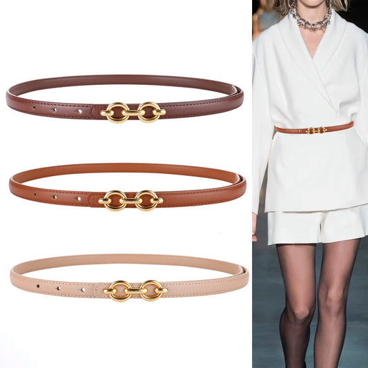 FashionRay slim leather belts with gold buckle in brown, tan, and beige, styled over white blazer