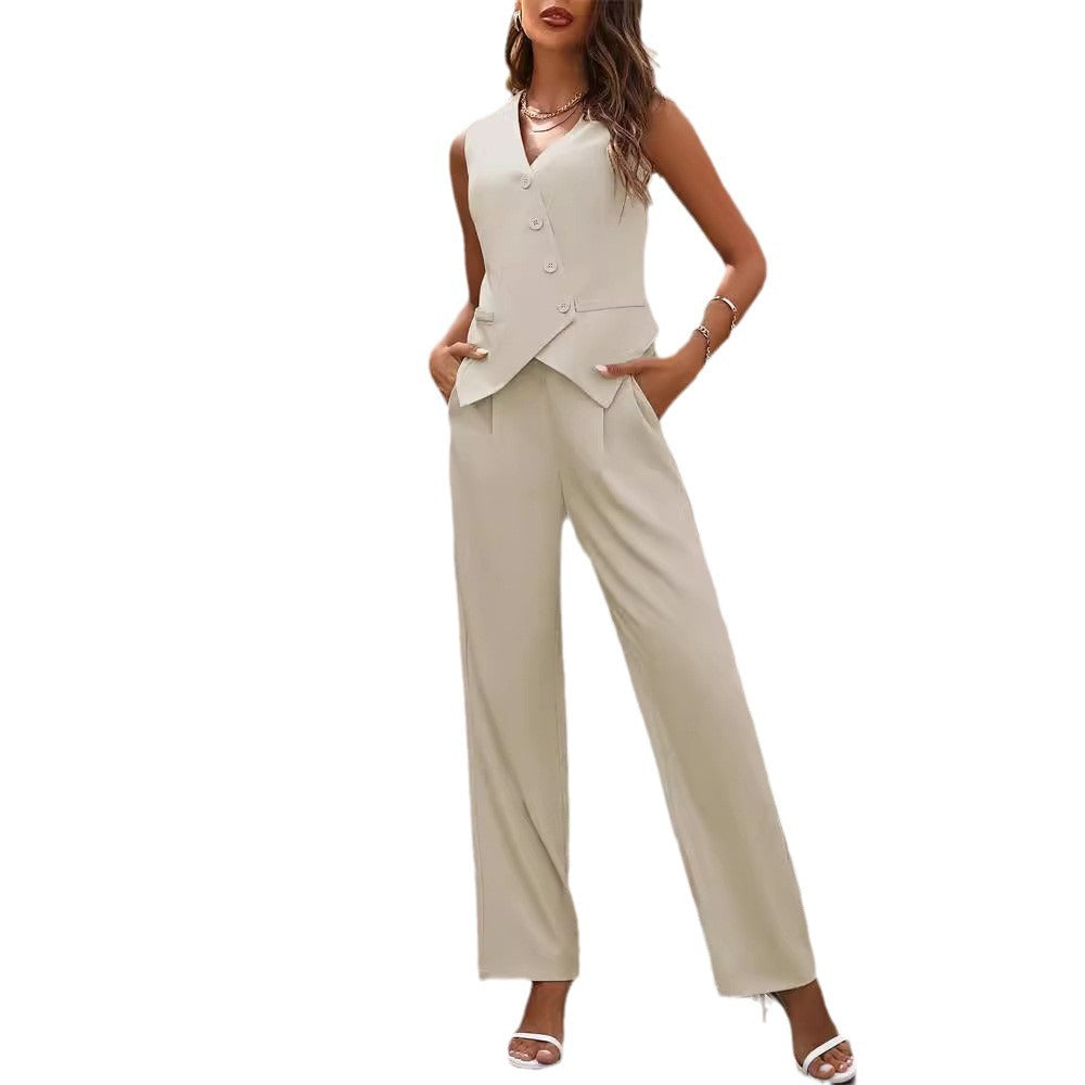 Woman wearing cream sleeveless vest and wide-leg pants set from FashionRay, stylish and modern
