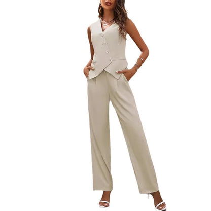 Woman wearing cream sleeveless vest and wide-leg pants set from FashionRay, stylish and modern