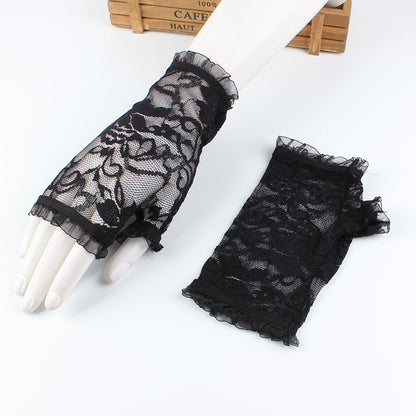 FashionRay black lace fingerless gloves with floral design and ruffled trim on white background