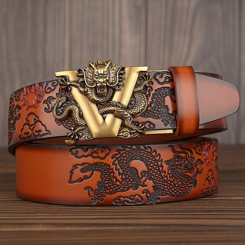 Brown leather belt with embossed dragon design and gold dragon buckle, FashionRay style