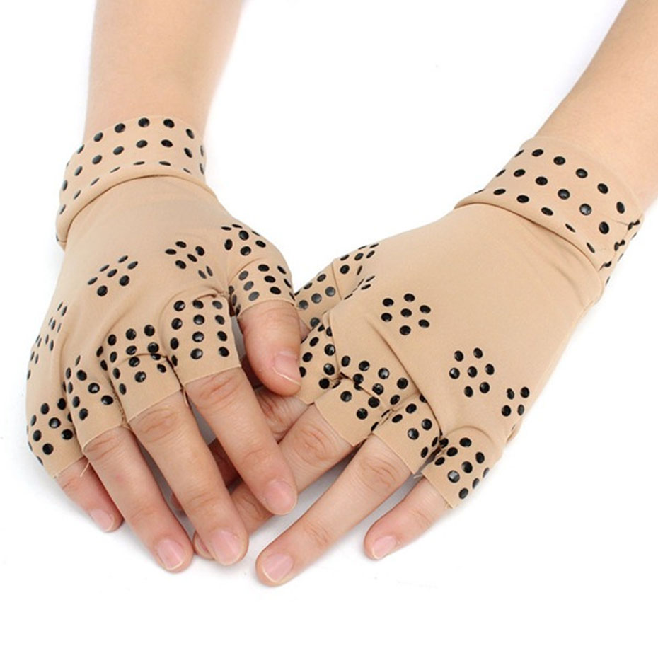Beige fingerless gloves with black dots, stylish accessory at FashionRay