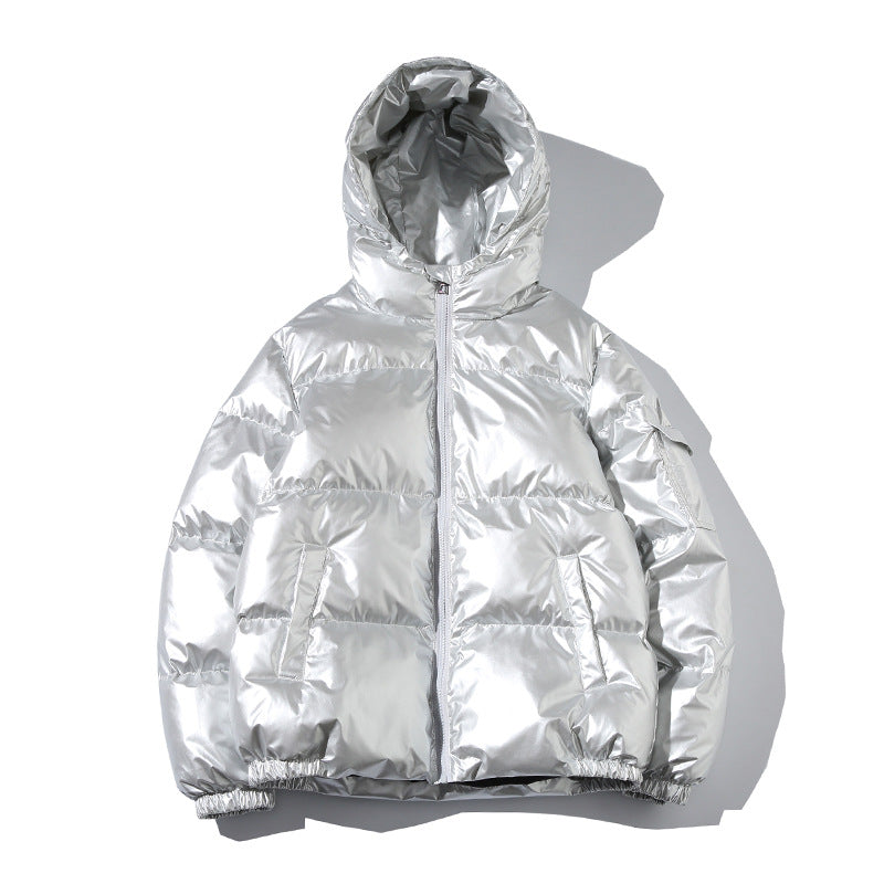 Silver metallic puffer jacket with hood, trendy outerwear from FashionRay