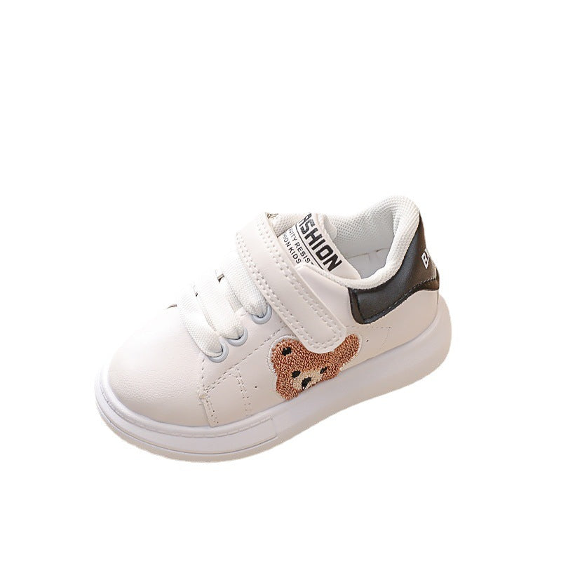 White kids sneaker with teddy bear patch and black heel, FashionRay trendy children's shoe