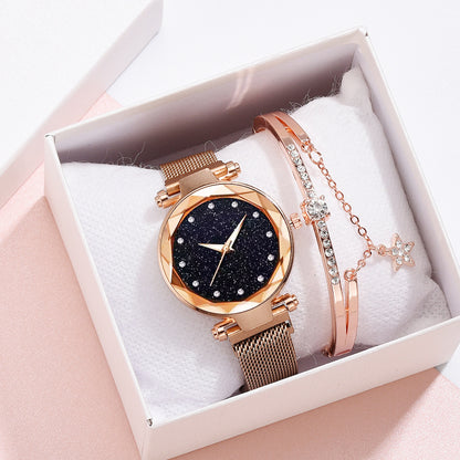 Rose gold mesh watch and crystal bracelet set in gift box, FashionRay trendy jewelry