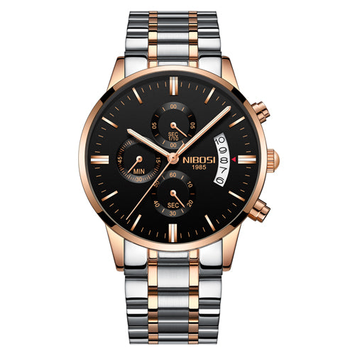 Men's Nibosi chronograph wristwatch with black dial, gold and silver metal band, FashionRay